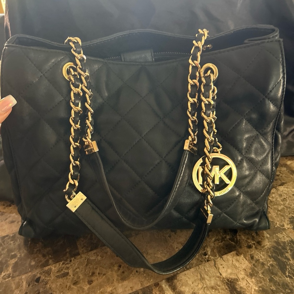 Michael Kors Black Quilted Shoulder Bag with Gold Accents